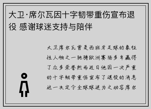 大卫·席尔瓦因十字韧带重伤宣布退役 感谢球迷支持与陪伴 大卫·席尔瓦因十字韧带重伤宣布退役 感谢球迷支持与陪伴
