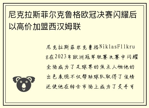 尼克拉斯菲尔克鲁格欧冠决赛闪耀后以高价加盟西汉姆联