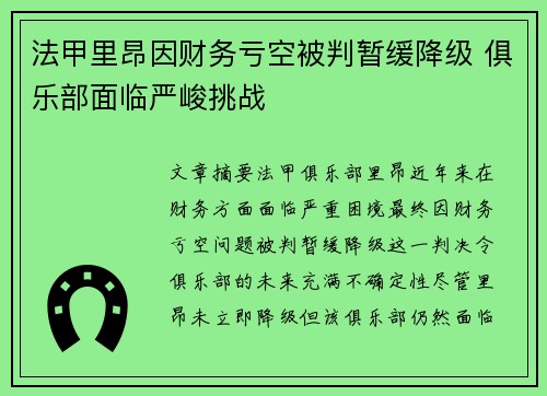法甲里昂因财务亏空被判暂缓降级 俱乐部面临严峻挑战