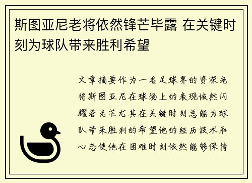 斯图亚尼老将依然锋芒毕露 在关键时刻为球队带来胜利希望 斯图亚尼老将依然锋芒毕露 在关键时刻为球队带来胜利希望
