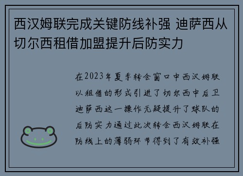 西汉姆联完成关键防线补强 迪萨西从切尔西租借加盟提升后防实力